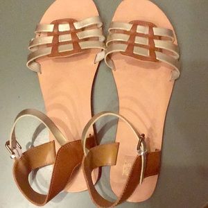 Gold and tan DV ankle strap sandals